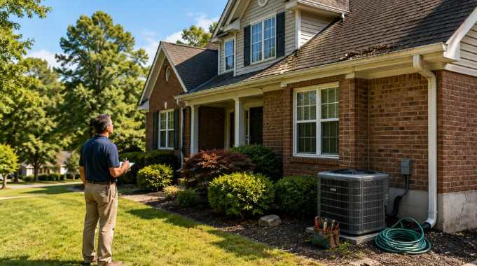 Homeowner inspecting an older two-story Duluth, Georgia home with visible roof, gutters, foundation, and outdoor HVAC unit to identify early maintenance issues and prevent costly repairs.